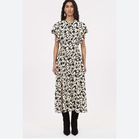 ULLA JOHNSON  Printed Crepe Midi Dress - Cream - Picture 1 of 8